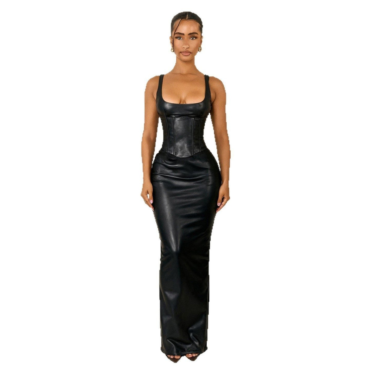 Women's Black Faux Leather Corset Maxi Dress with Square Neckline - Maisie London