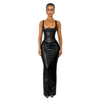 Women's Black Faux Leather Corset Maxi Dress with Square Neckline - Maisie London