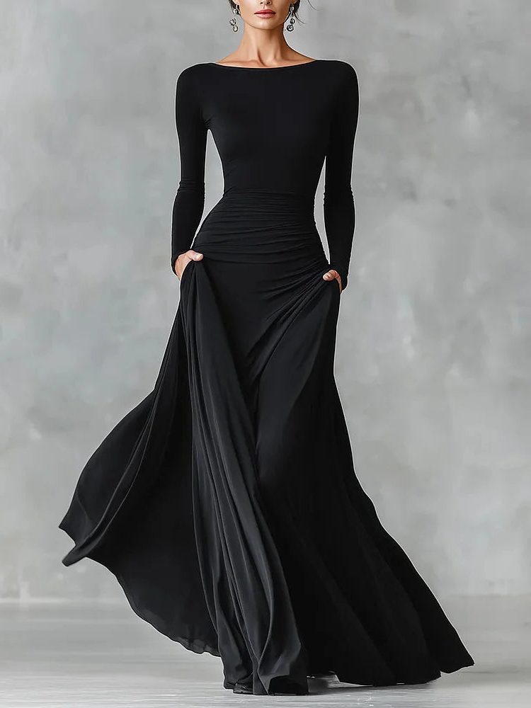 Women's Jersey Maxi Dress with Ruched Waist and Long Sleeves - Maisie London