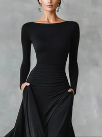 Women's Jersey Maxi Dress with Ruched Waist and Long Sleeves - Maisie London