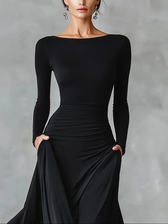 Women's Jersey Maxi Dress with Ruched Waist and Long Sleeves - Maisie London