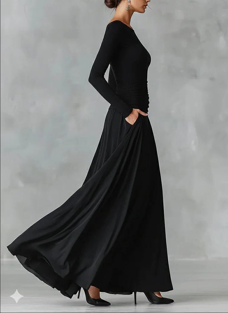 Women's Jersey Maxi Dress with Ruched Waist and Long Sleeves - Maisie London
