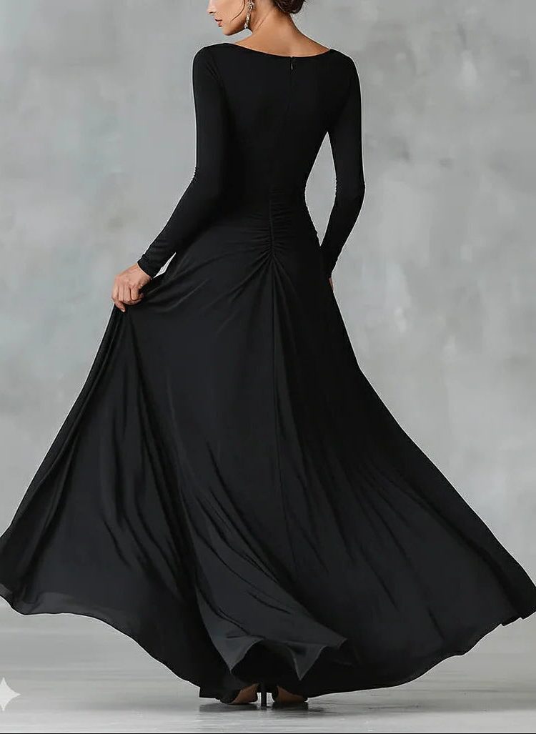 Women's Jersey Maxi Dress with Ruched Waist and Long Sleeves - Maisie London
