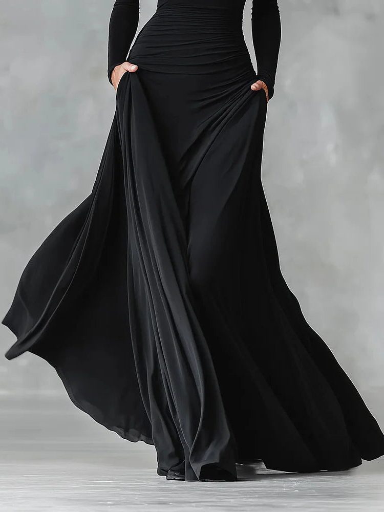 Women's Jersey Maxi Dress with Ruched Waist and Long Sleeves - Maisie London