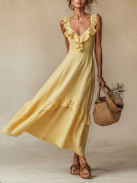Women's Yellow Linen-Look Maxi Dress with Ruffle V-Neck and Tiered Hem - Maisie London