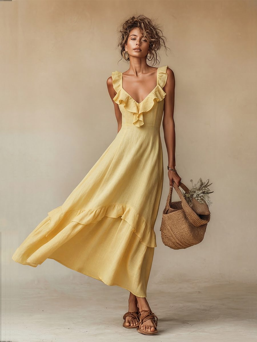 Women's Yellow Linen-Look Maxi Dress with Ruffle V-Neck and Tiered Hem - Maisie London