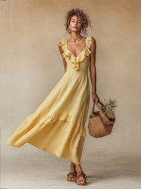 Women's Yellow Linen-Look Maxi Dress with Ruffle V-Neck and Tiered Hem - Maisie London