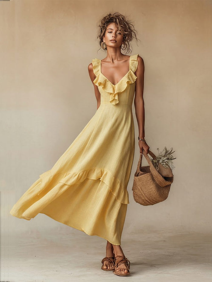 Women's Yellow Linen-Look Maxi Dress with Ruffle V-Neck and Tiered Hem - Maisie London