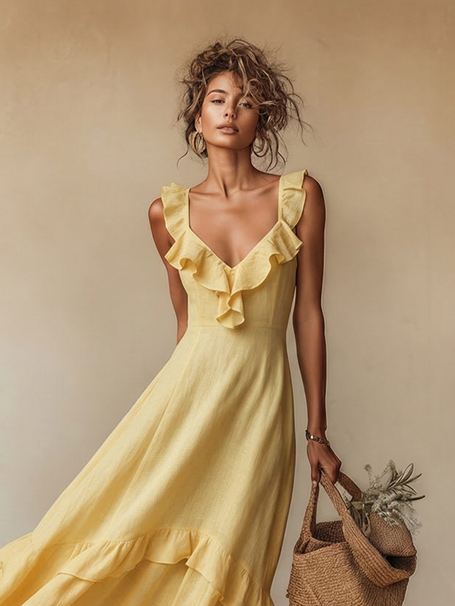 Women's Yellow Linen-Look Maxi Dress with Ruffle V-Neck and Tiered Hem - Maisie London