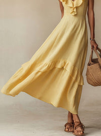 Women's Yellow Linen-Look Maxi Dress with Ruffle V-Neck and Tiered Hem - Maisie London