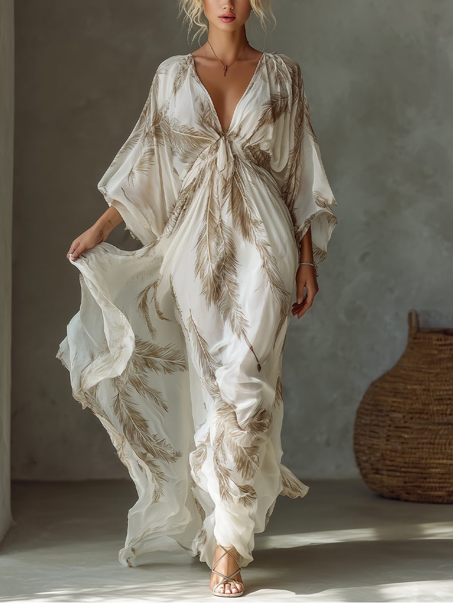 Women's Ivory Chiffon Maxi Dress with Twist Front and Dolman Sleeves - Maisie London