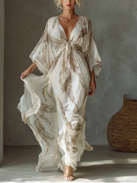 Women's Ivory Chiffon Maxi Dress with Twist Front and Dolman Sleeves - Maisie London