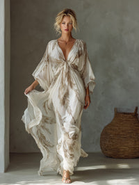 Women's Ivory Chiffon Maxi Dress with Twist Front and Dolman Sleeves - Maisie London