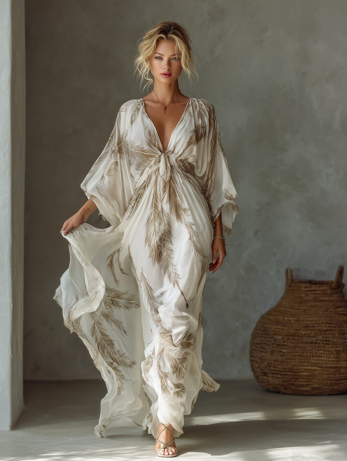 Women's Ivory Chiffon Maxi Dress with Twist Front and Dolman Sleeves - Maisie London