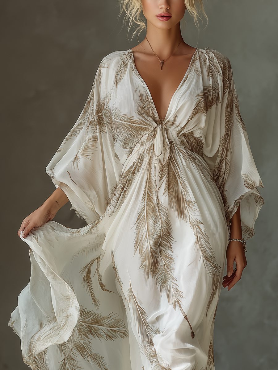 Women's Ivory Chiffon Maxi Dress with Twist Front and Dolman Sleeves - Maisie London