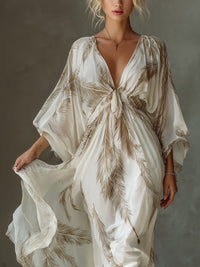 Women's Ivory Chiffon Maxi Dress with Twist Front and Dolman Sleeves - Maisie London