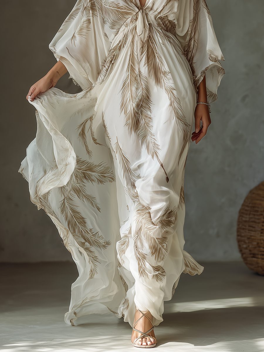 Women's Ivory Chiffon Maxi Dress with Twist Front and Dolman Sleeves - Maisie London
