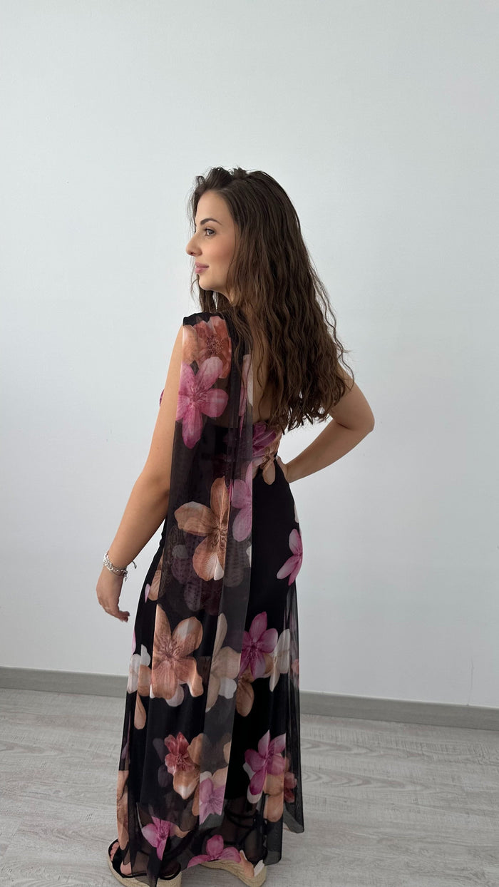 Women's Black Floral Maxi Dress with One-Shoulder and Mesh Drape - Maisie London