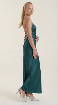 Women's Satin Slip Maxi Dress with V-Neck and Strappy Tie Back - Maisie London
