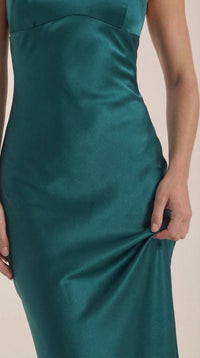 Women's Satin Slip Maxi Dress with V-Neck and Strappy Tie Back - Maisie London