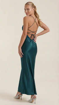 Women's Satin Slip Maxi Dress with V-Neck and Strappy Tie Back - Maisie London