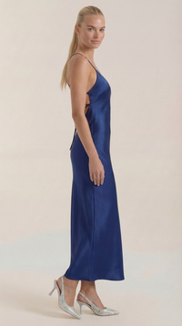 Women's Satin Slip Maxi Dress with V-Neck and Strappy Tie Back - Maisie London