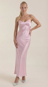 Women's Satin Slip Maxi Dress with V-Neck and Strappy Tie Back - Maisie London