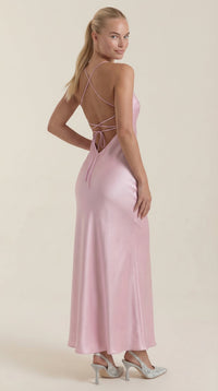 Women's Satin Slip Maxi Dress with V-Neck and Strappy Tie Back - Maisie London