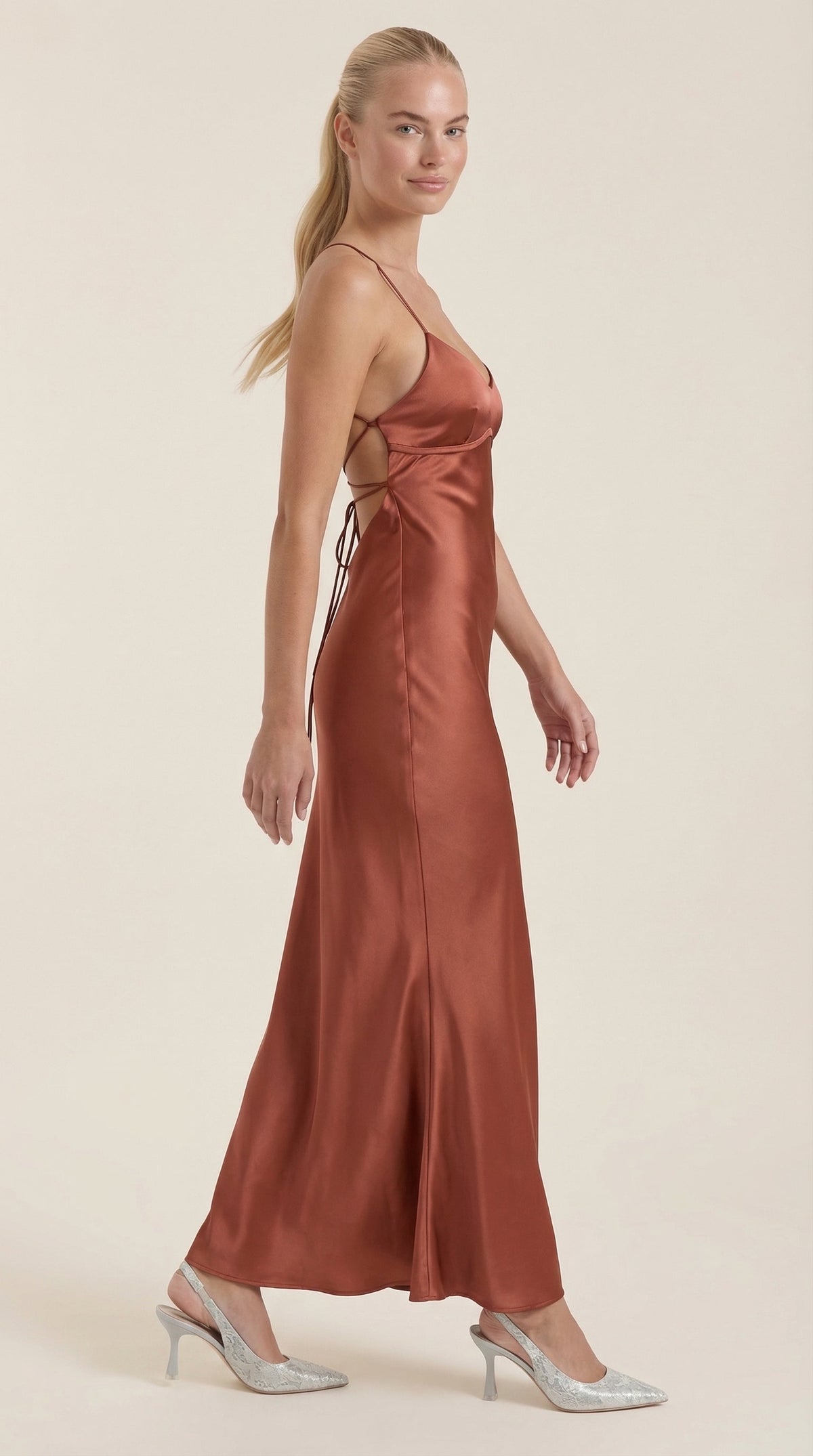 Women's Satin Slip Maxi Dress with V-Neck and Strappy Tie Back - Maisie London