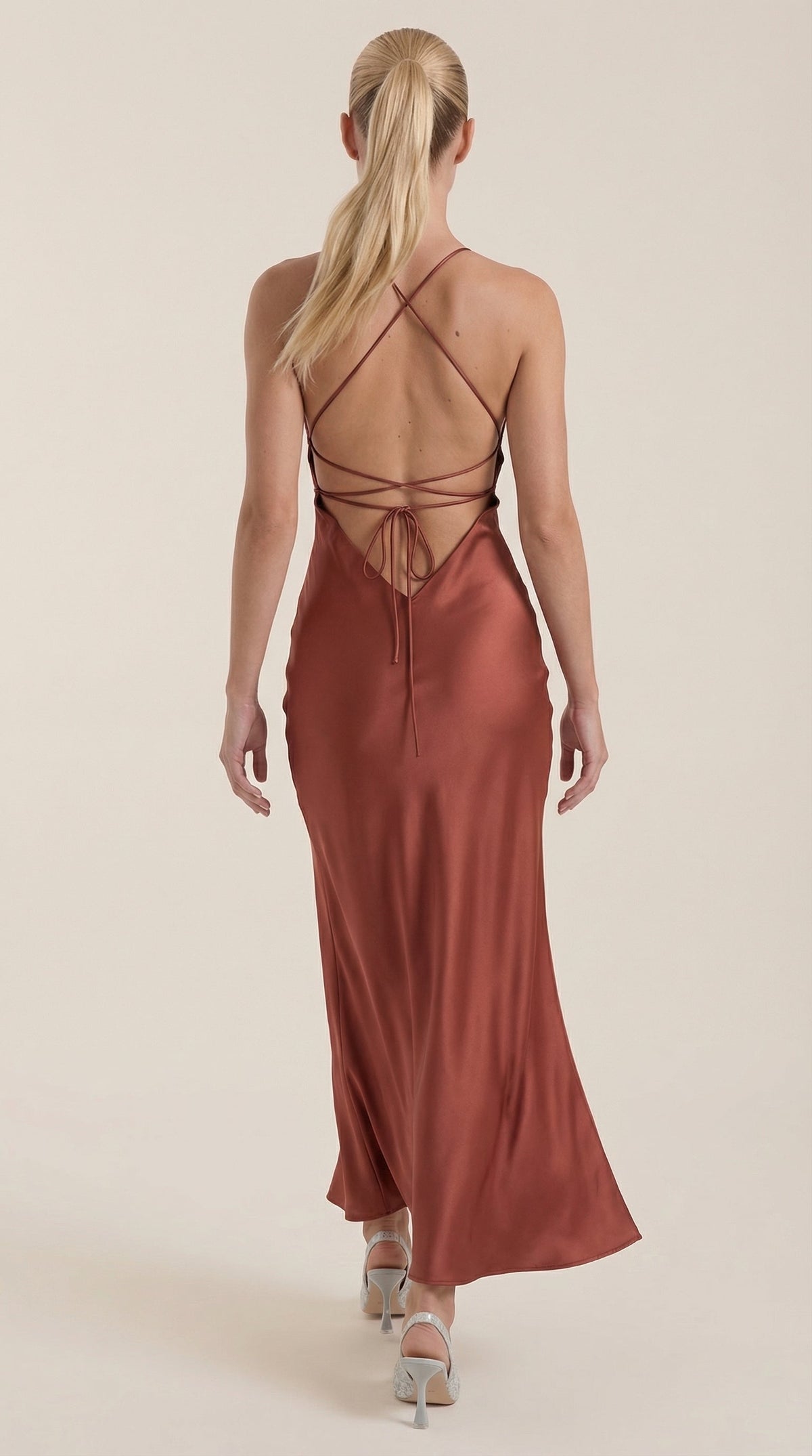 Women's Satin Slip Maxi Dress with V-Neck and Strappy Tie Back - Maisie London