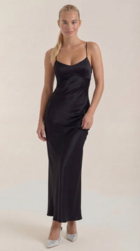 Women's Satin Slip Maxi Dress with V-Neck and Strappy Tie Back - Maisie London