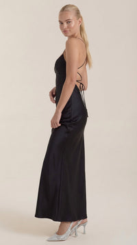 Women's Satin Slip Maxi Dress with V-Neck and Strappy Tie Back - Maisie London