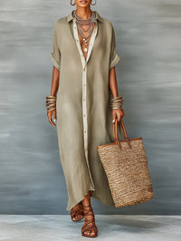 Women's Linen-Look Oversized Maxi Shirt Dress with Button-Front - Maisie London