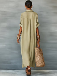 Women's Linen-Look Oversized Maxi Shirt Dress with Button-Front - Maisie London