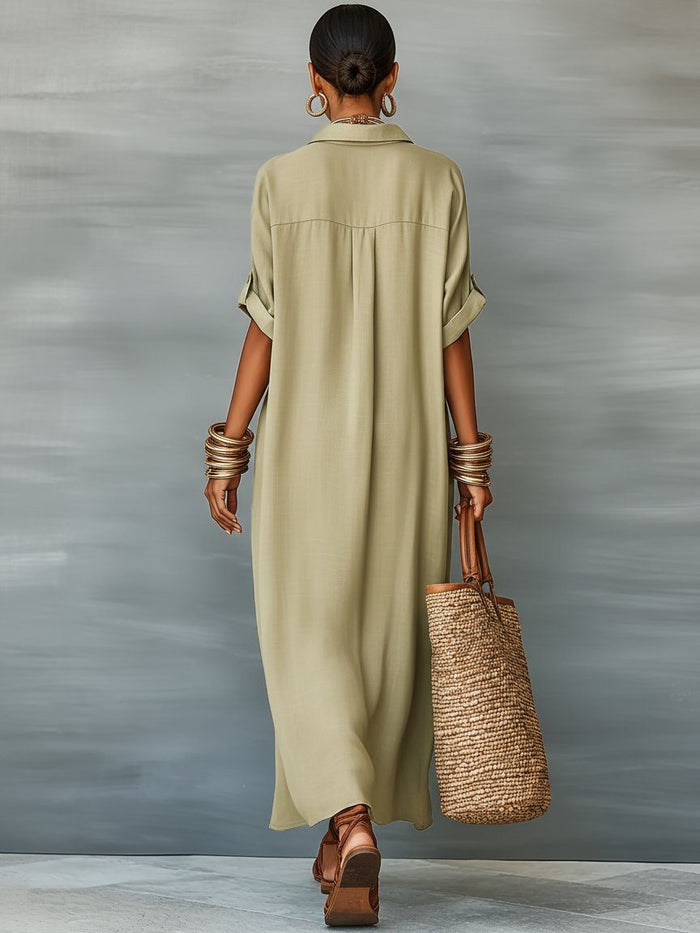 Women's Linen-Look Oversized Maxi Shirt Dress with Button-Front - Maisie London