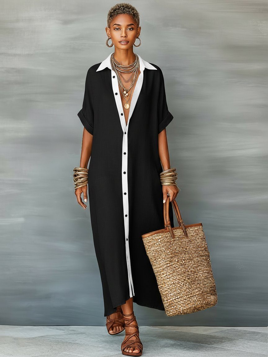 Women's Linen-Look Oversized Maxi Shirt Dress with Button-Front - Maisie London