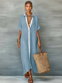 Women's Linen-Look Oversized Maxi Shirt Dress with Button-Front - Maisie London