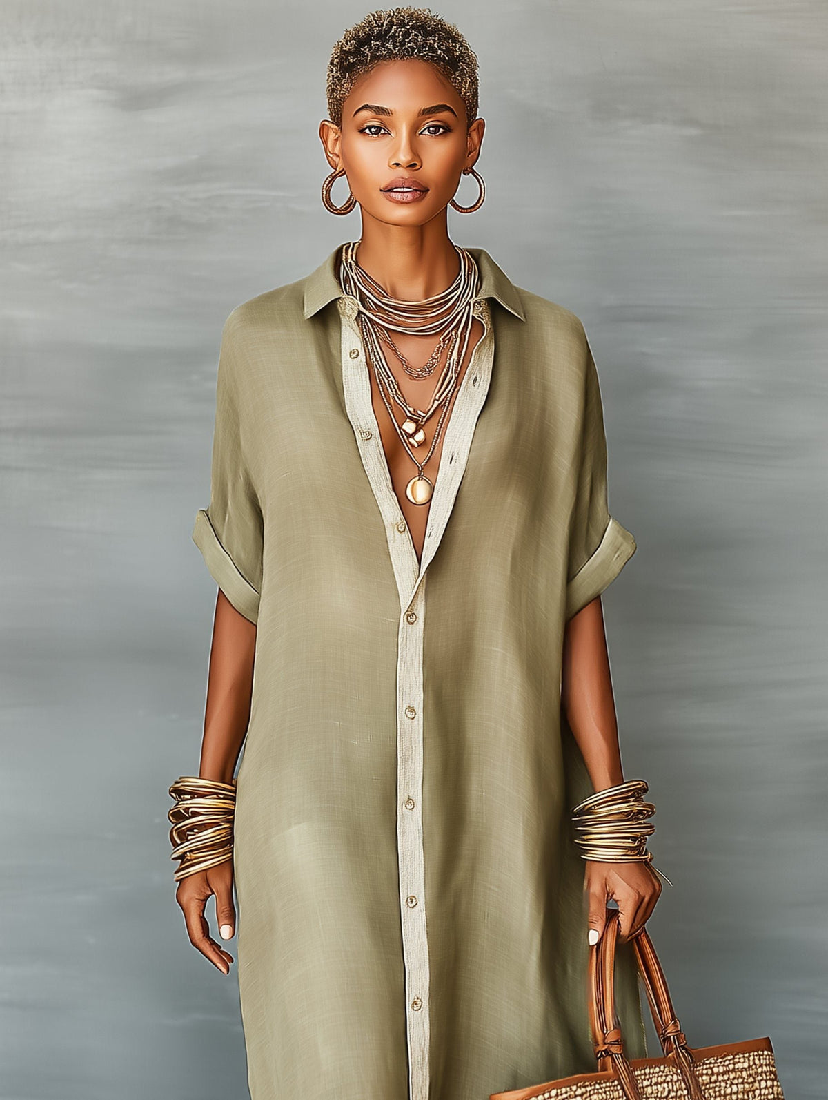 Women's Linen-Look Oversized Maxi Shirt Dress with Button-Front - Maisie London