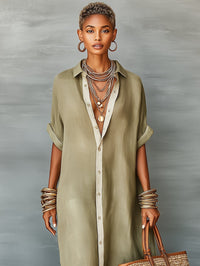 Women's Linen-Look Oversized Maxi Shirt Dress with Button-Front - Maisie London