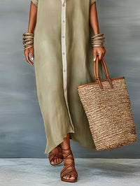 Women's Linen-Look Oversized Maxi Shirt Dress with Button-Front - Maisie London