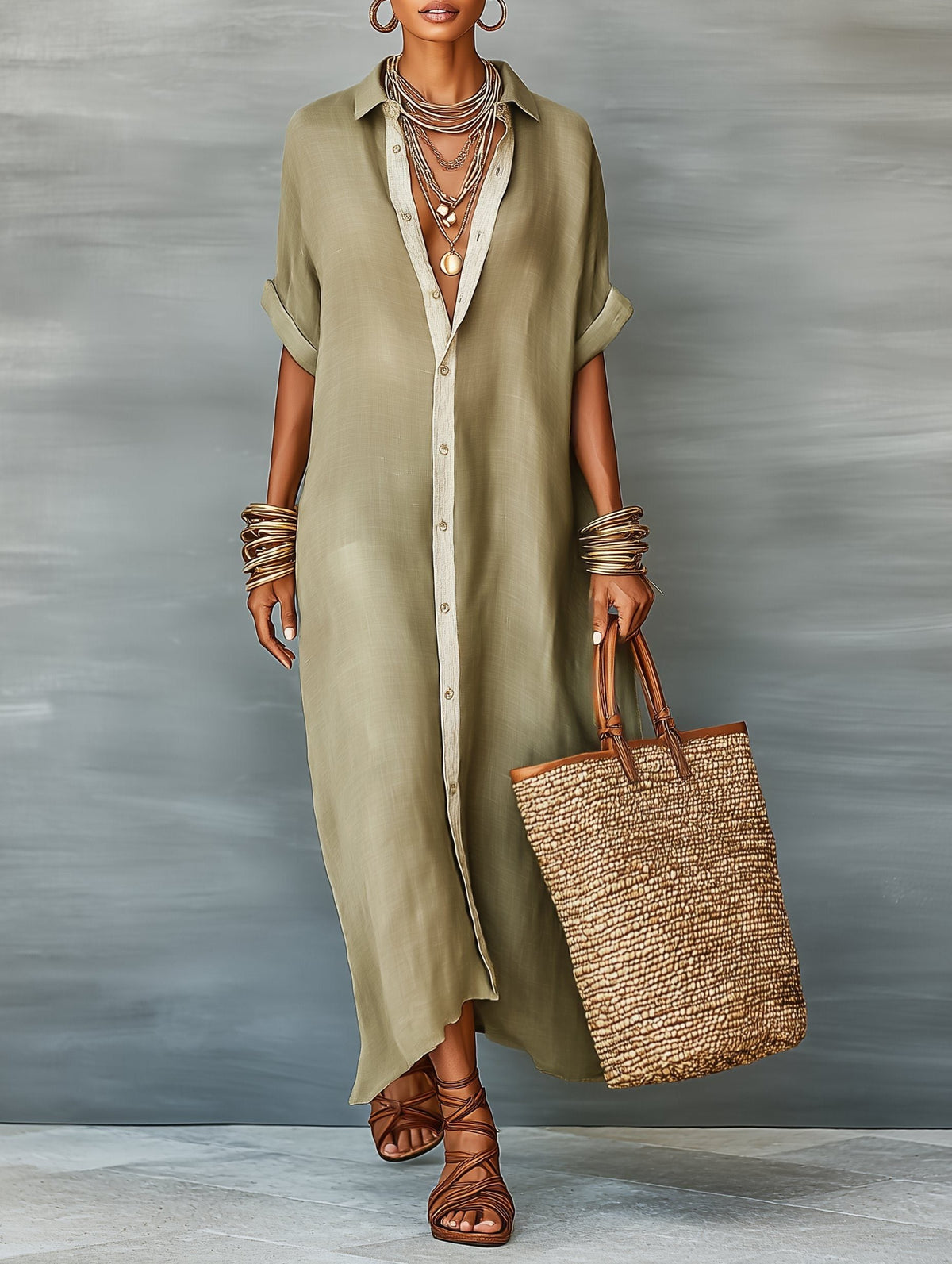 Women's Linen-Look Oversized Maxi Shirt Dress with Button-Front - Maisie London