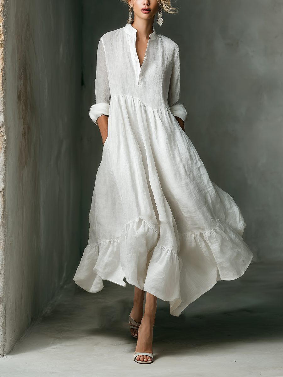 Women's White Linen-Look Maxi Shirt Dress with Ruffle Hem and Pockets - Maisie London