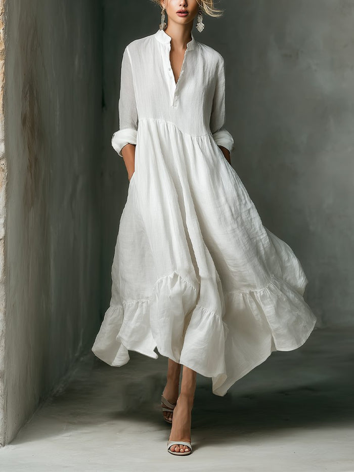 Women's White Linen-Look Maxi Shirt Dress with Ruffle Hem and Pockets - Maisie London