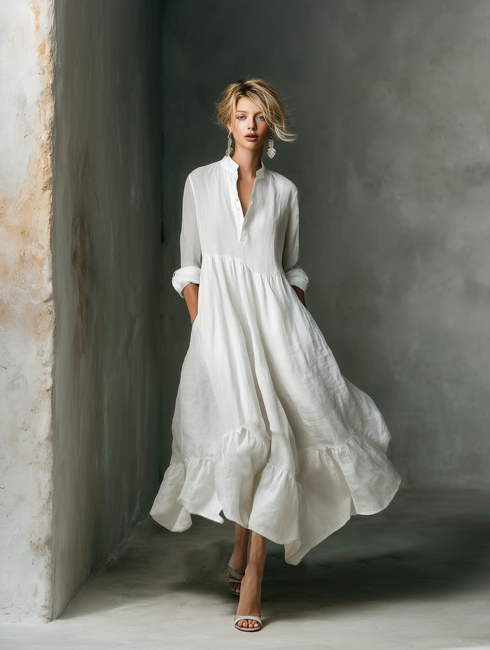 Women's White Linen-Look Maxi Shirt Dress with Ruffle Hem and Pockets - Maisie London