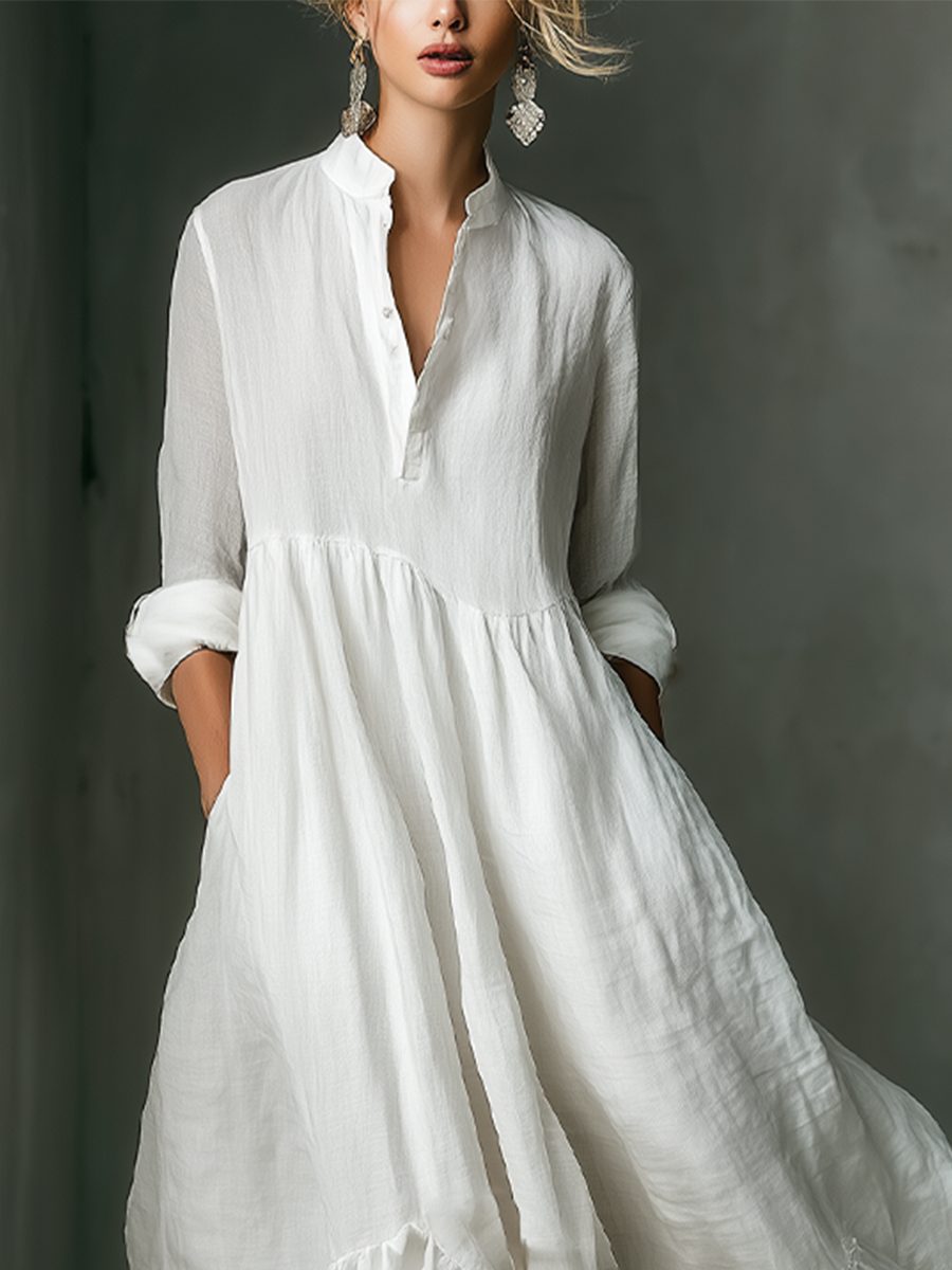 Women's White Linen-Look Maxi Shirt Dress with Ruffle Hem and Pockets - Maisie London