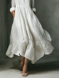 Women's White Linen-Look Maxi Shirt Dress with Ruffle Hem and Pockets - Maisie London