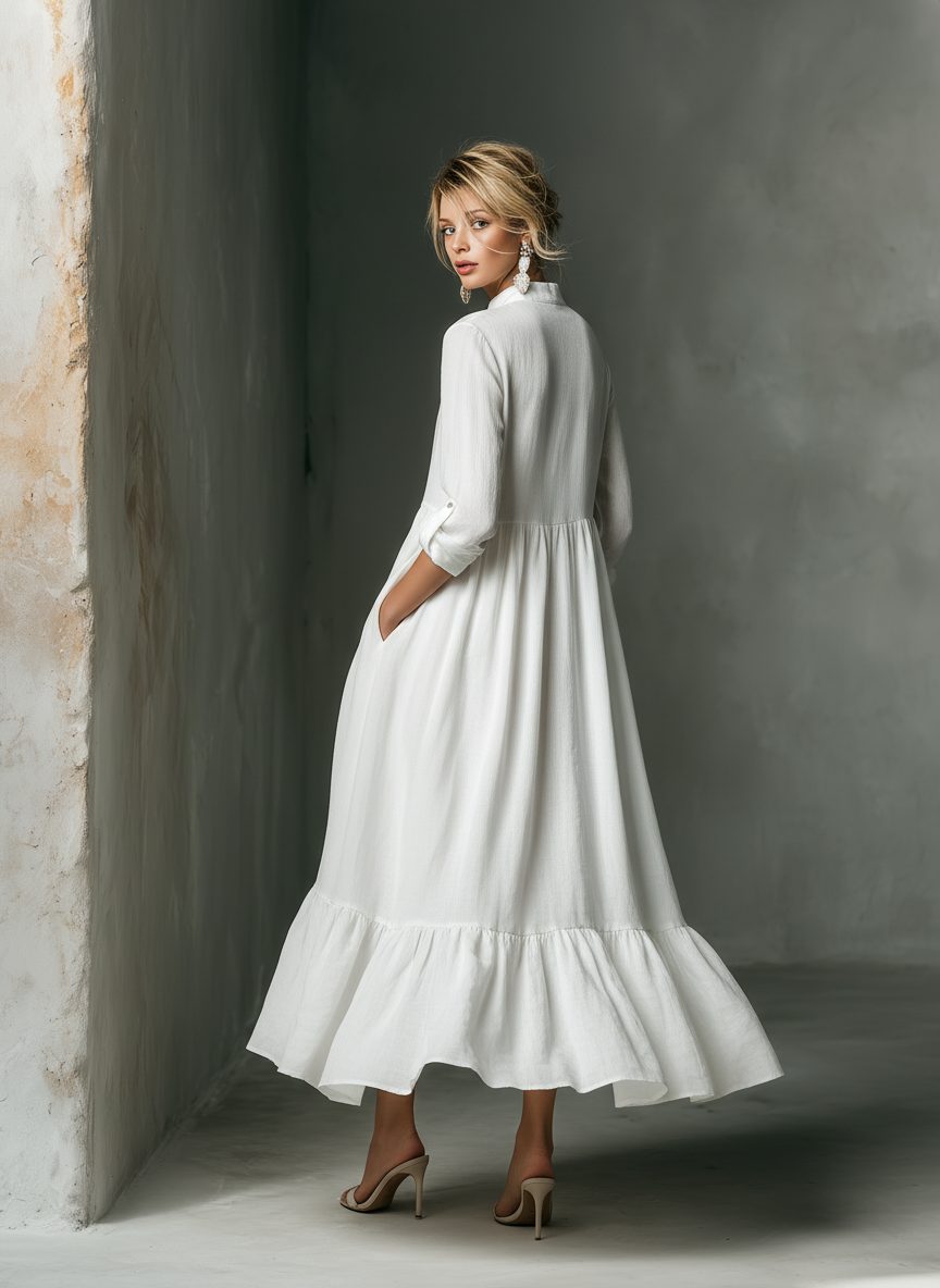 Women's White Linen-Look Maxi Shirt Dress with Ruffle Hem and Pockets - Maisie London