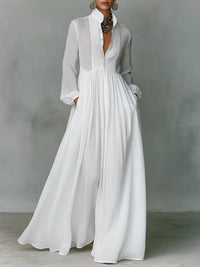 Women's Linen-Look Maxi Shirt Dress with Stand Collar and Pockets - Maisie London