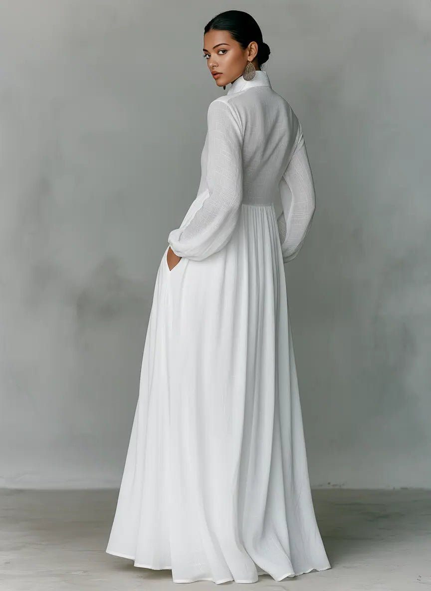 Women's Linen-Look Maxi Shirt Dress with Stand Collar and Pockets - Maisie London