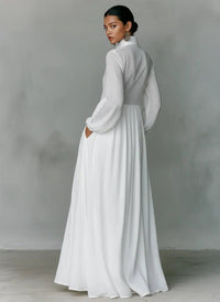 Women's Linen-Look Maxi Shirt Dress with Stand Collar and Pockets - Maisie London